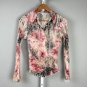 Vintage Y2K Cache Floral Cheetah Print Top Womens M‎ Bell Sleeve Lace Crinkle